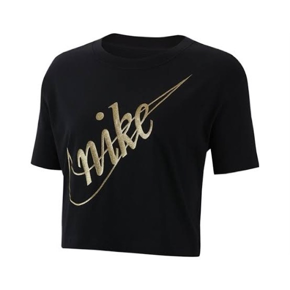 Nike ➰ BNWT ladies black glitter front logo short sleeve crop M - Picture 2 of 4